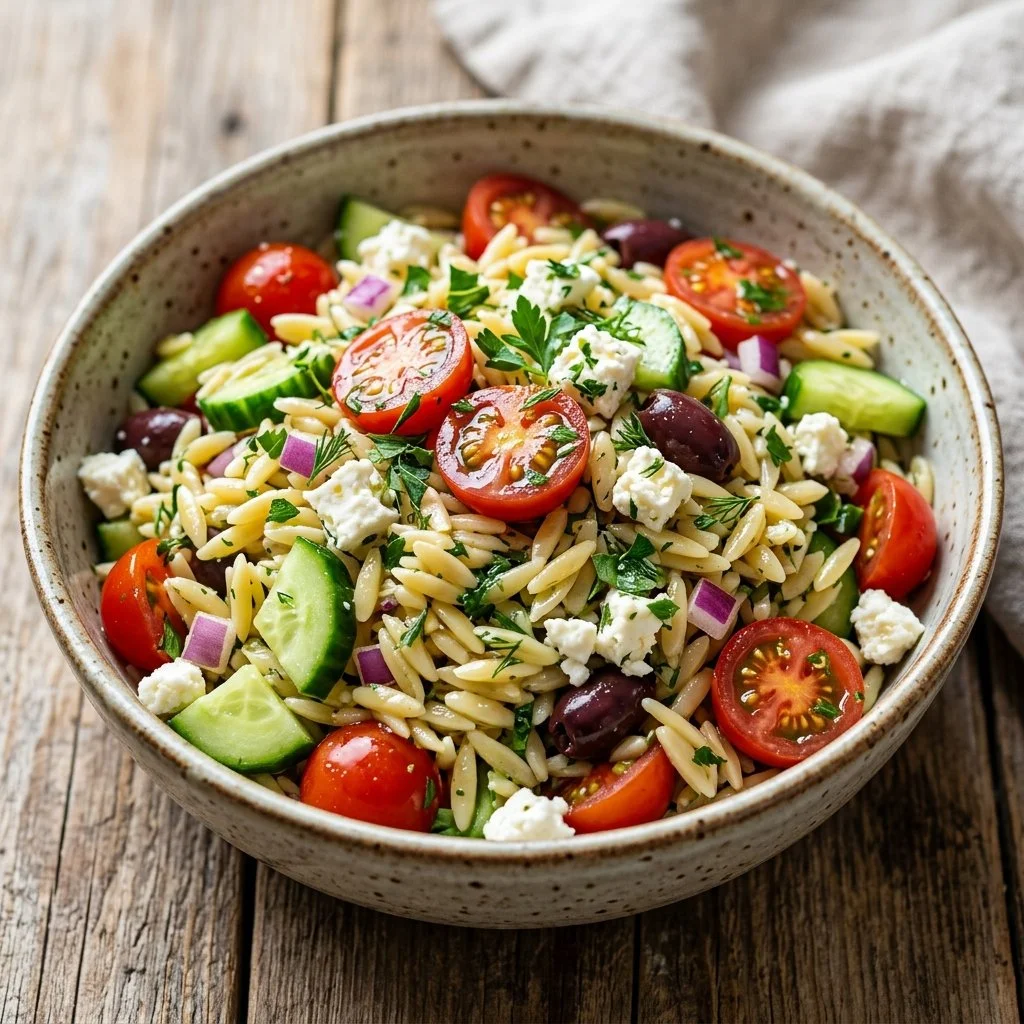 Delicious Greek Orzo Salad with fresh vegetables, feta cheese, and olives
