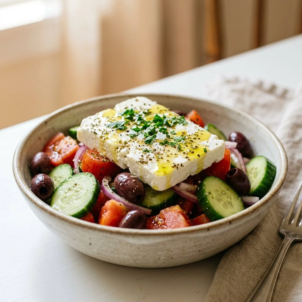 Fresh Greek salad with cucumbers, tomatoes, feta cheese, and olives in a bowl.