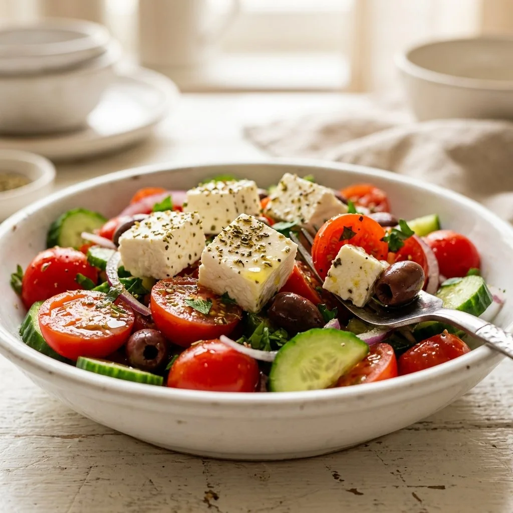 Delicious Greek Salad featuring fresh vegetables, olives, and feta cheese.