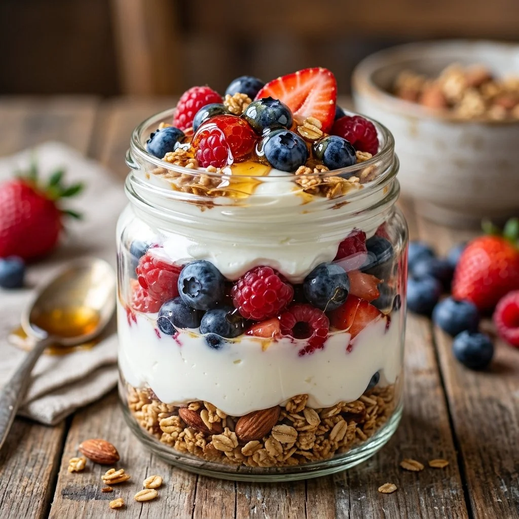 Delicious Greek Yogurt Parfait with fresh fruits and granola