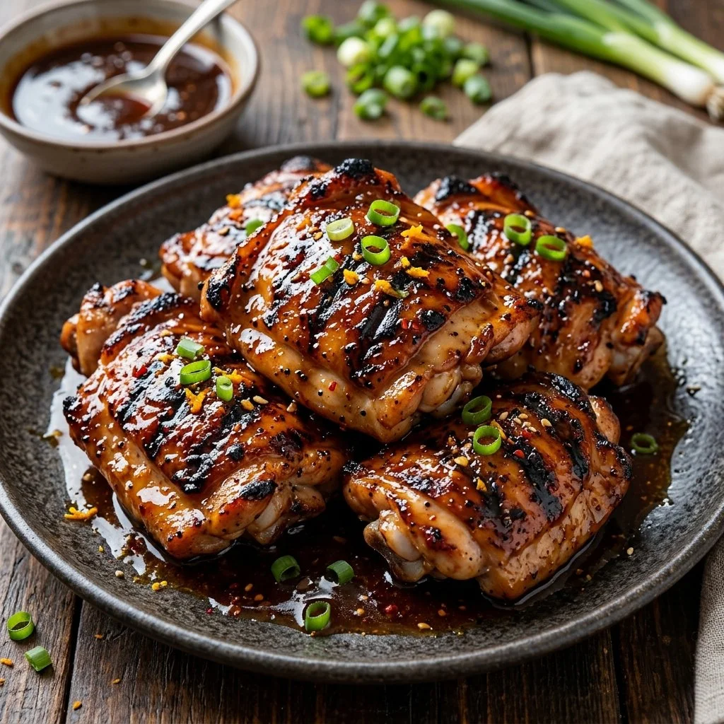 Grilled Bourbon Chicken featuring juicy chicken pieces glazed in bourbon sauce.