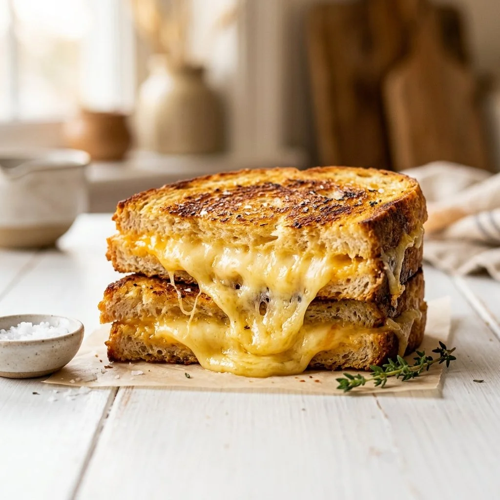 Delicious grilled cheese sandwich with melted cheese on toasted bread
