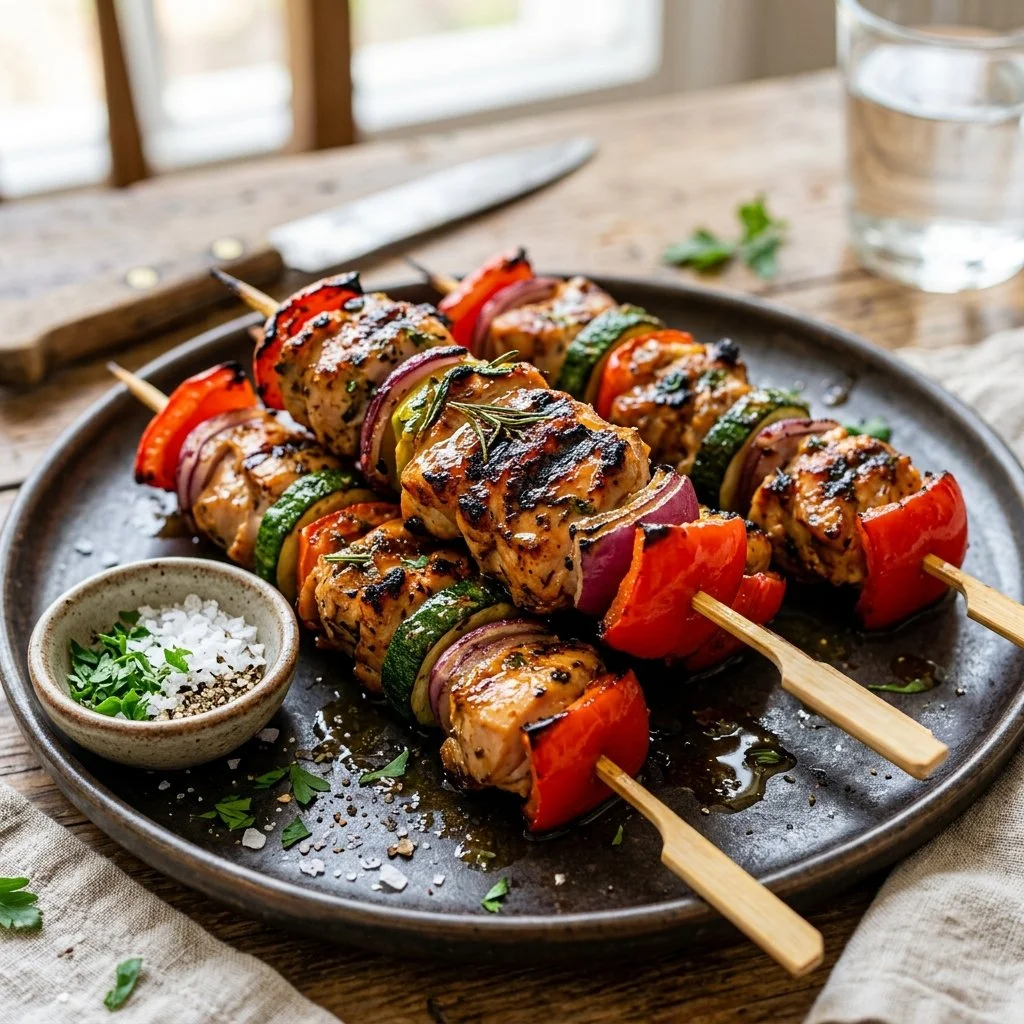 Delicious grilled chicken skewers served on a plate with vegetables