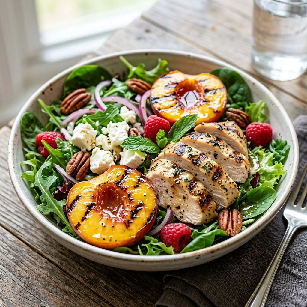 Grilled peach chicken salad with fresh greens and a light dressing