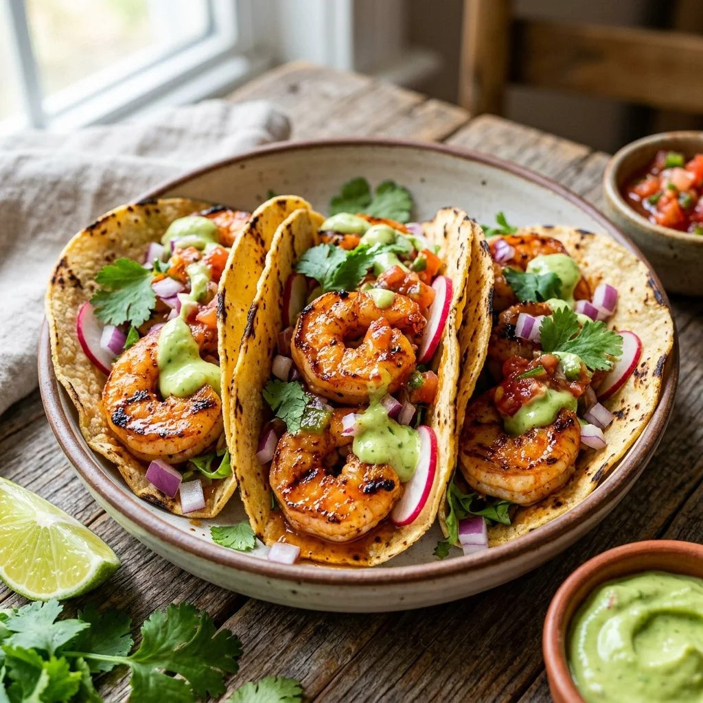 Delicious grilled shrimp tacos served with fresh toppings in a soft tortilla