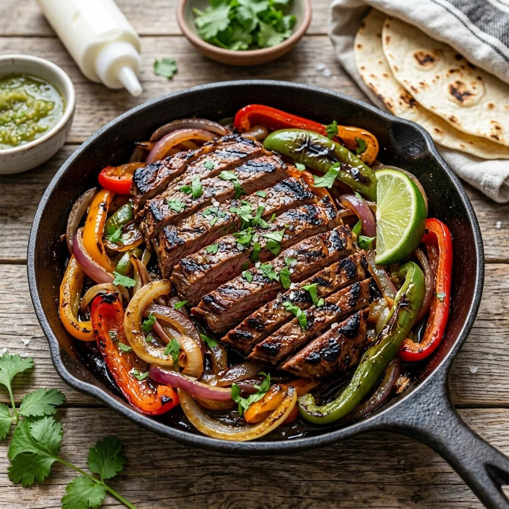 Delicious grilled steak fajitas served with peppers and onions on a sizzling platter.