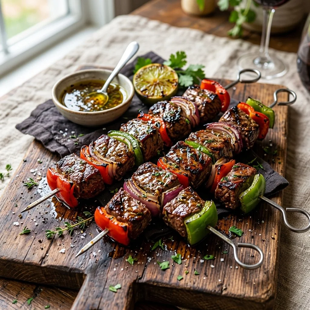 Delicious grilled steak kabobs with colorful vegetables on skewers