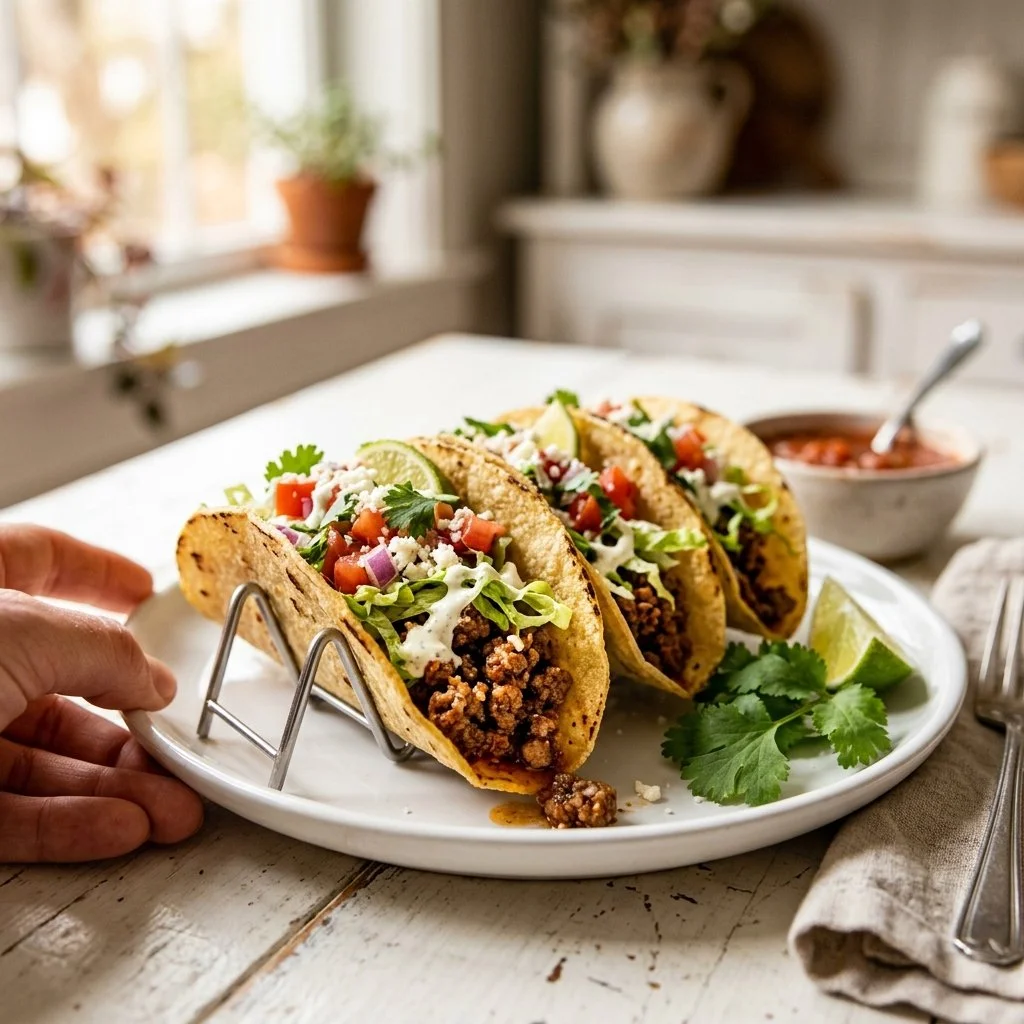 Plate of flavorful ground beef tacos topped with fresh ingredients