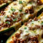 Delicious ground beef zucchini boats topped with cheese and herbs for a healthy dinner