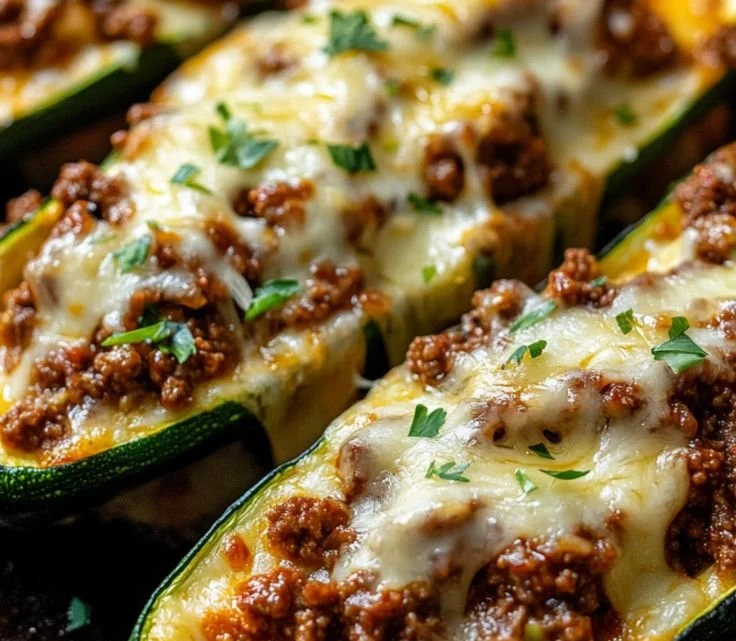 Delicious ground beef zucchini boats topped with cheese and herbs for a healthy dinner