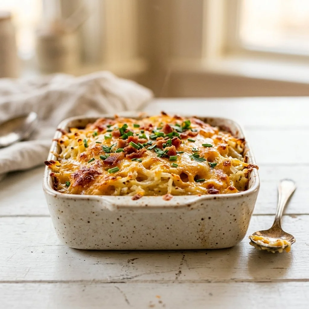 Delicious hash brown casserole topped with cheese and crispy toppings