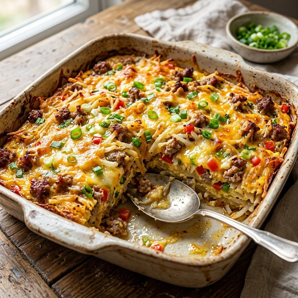 Delicious Hashbrown Breakfast Casserole served in a dish with a golden crust.