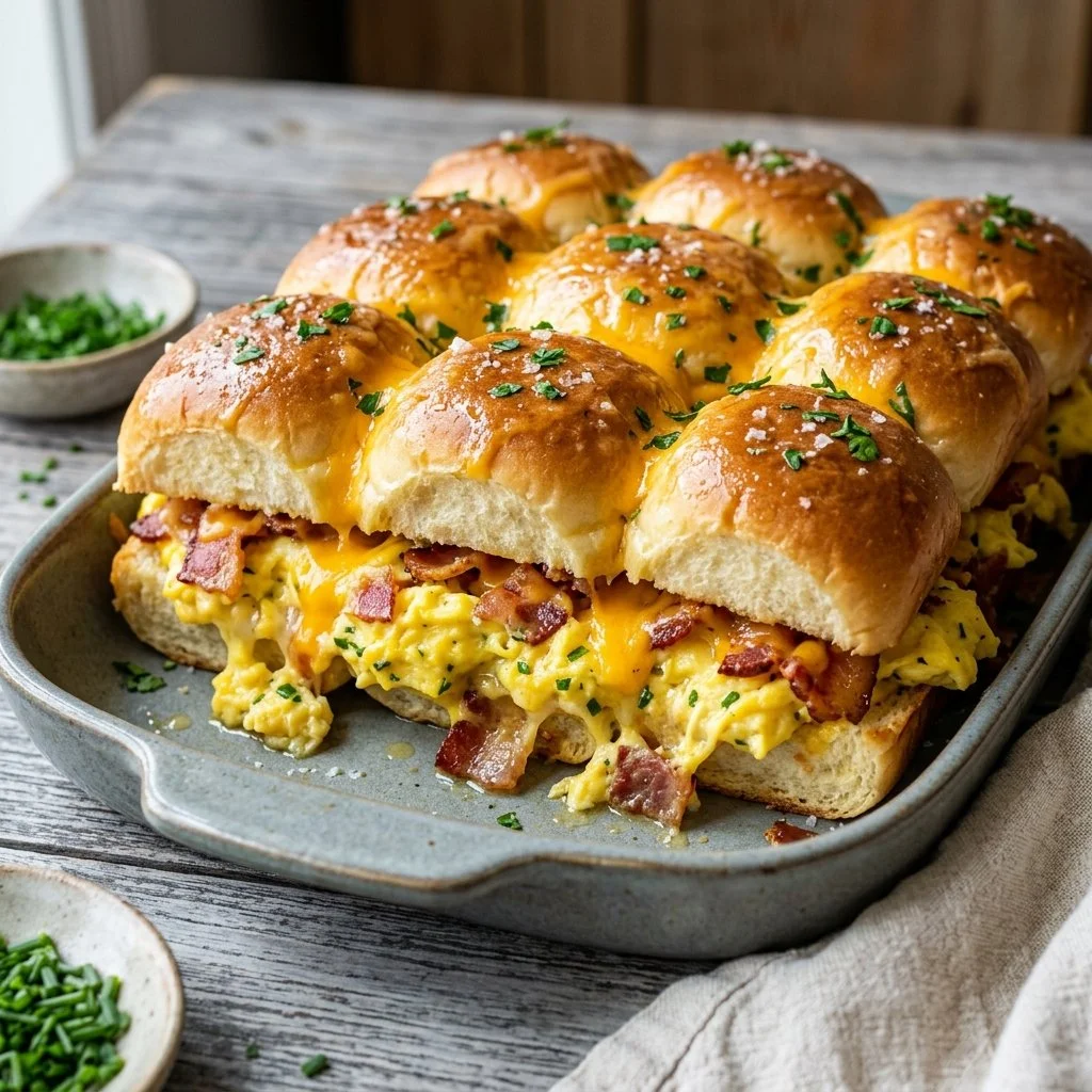 Delicious Hawaiian Roll Breakfast Sliders filled with eggs, cheese, and sausage.