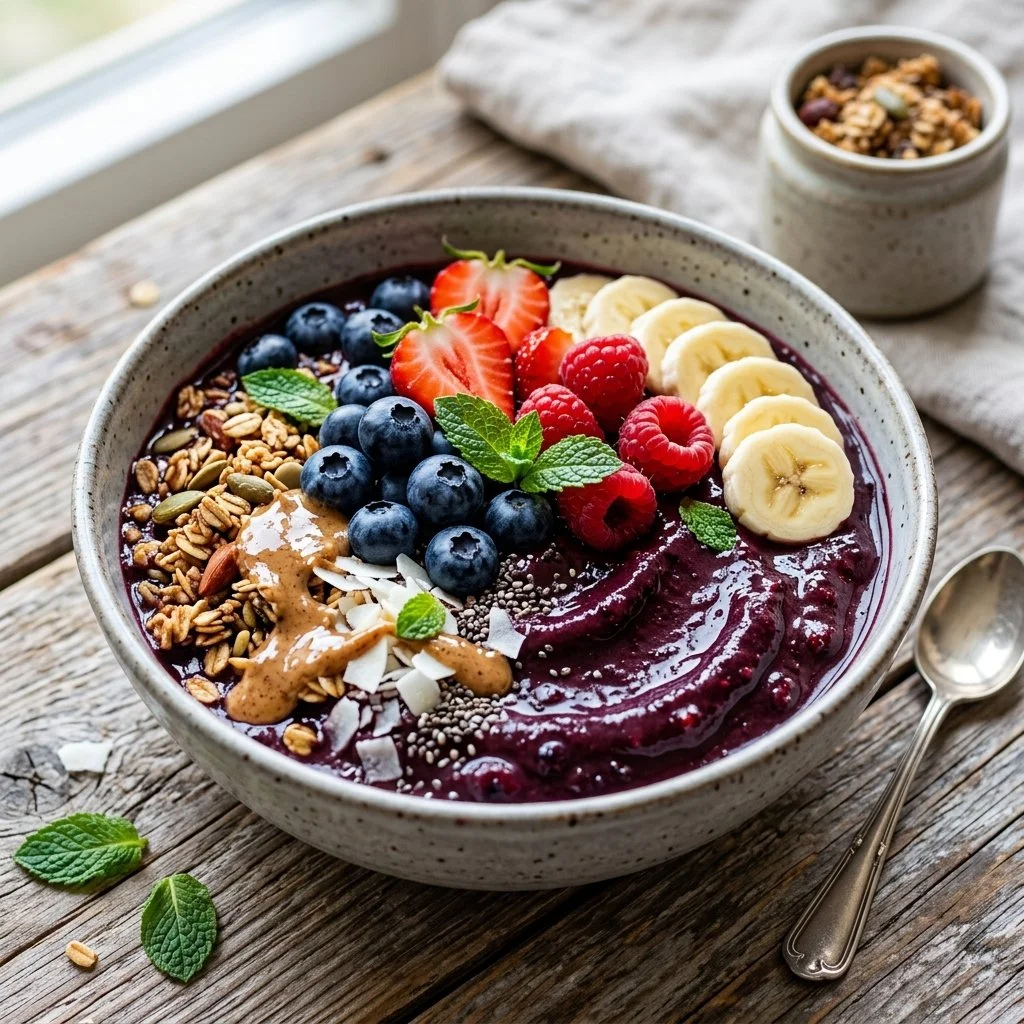 Healthy acai bowl topped with fruits and granola