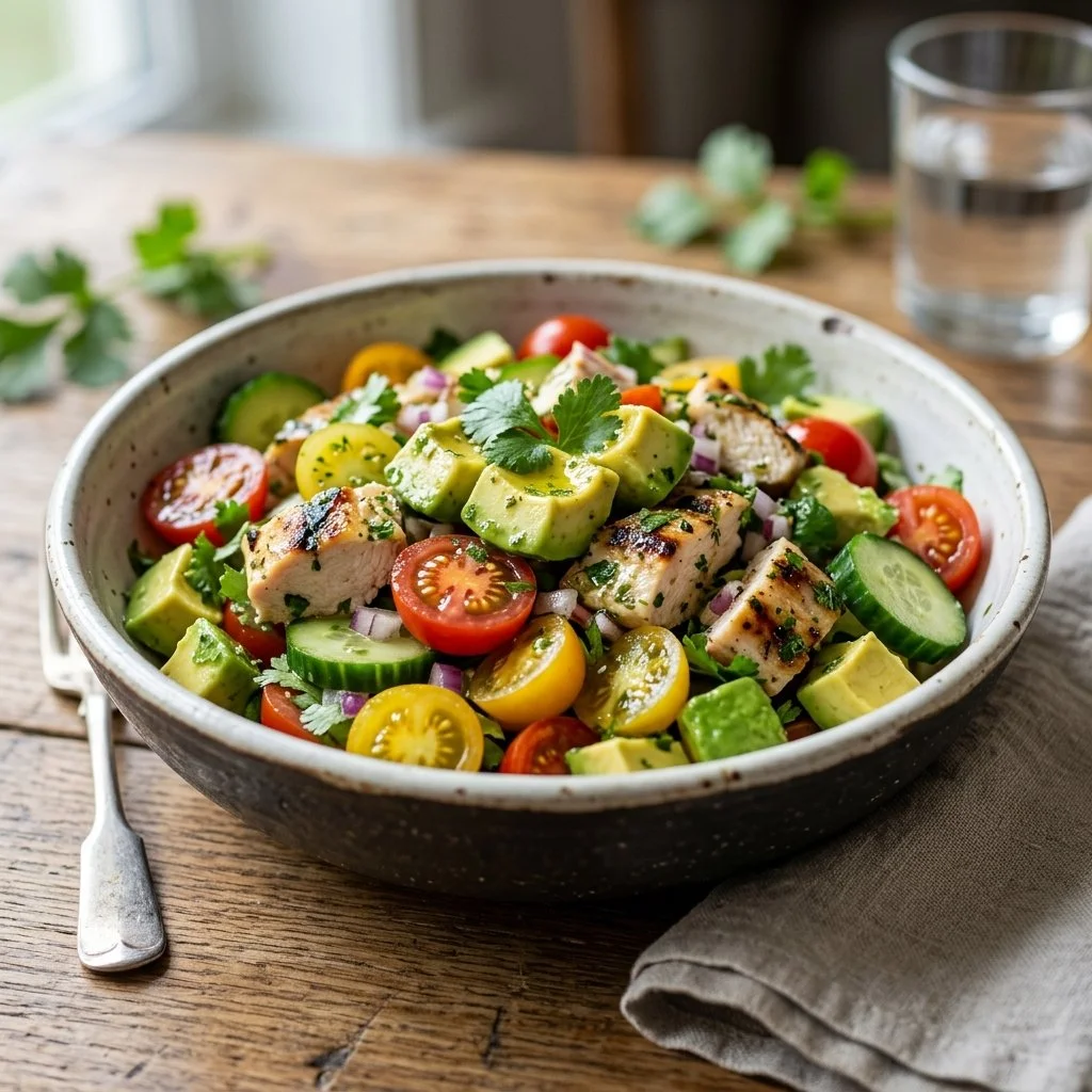 Healthy avocado chicken salad with fresh ingredients in a bowl.