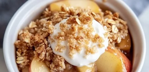 Healthy high protein apple crisp topped with oats and nuts in a baking dish.