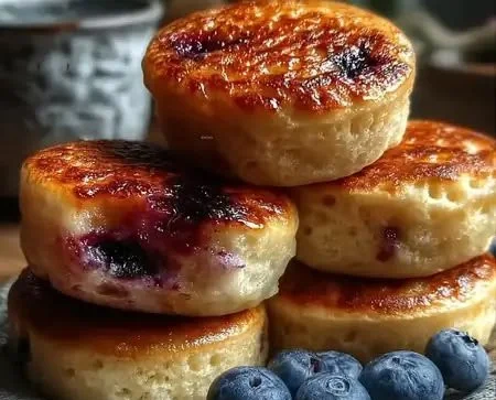 High-protein pancake muffins topped with fresh berries and syrup