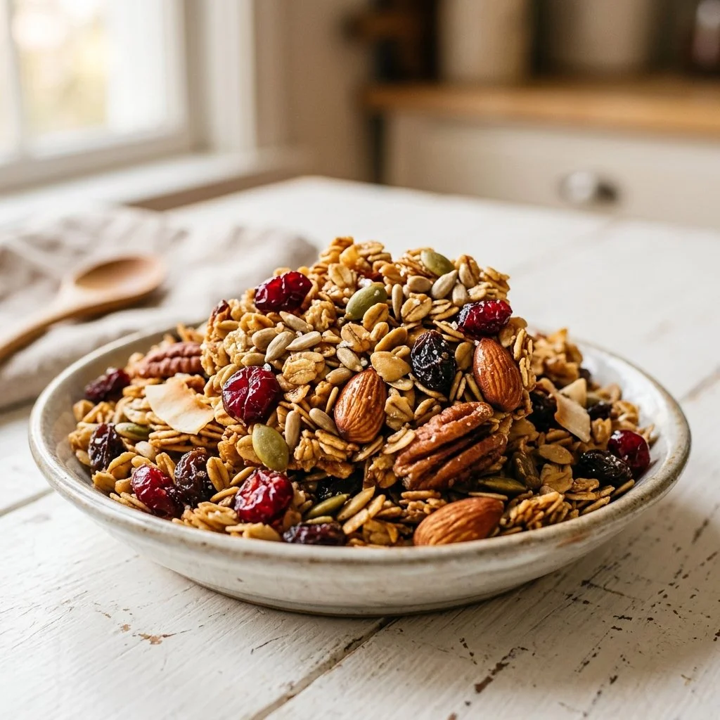 Bowl of homemade granola with nuts and dried fruits
