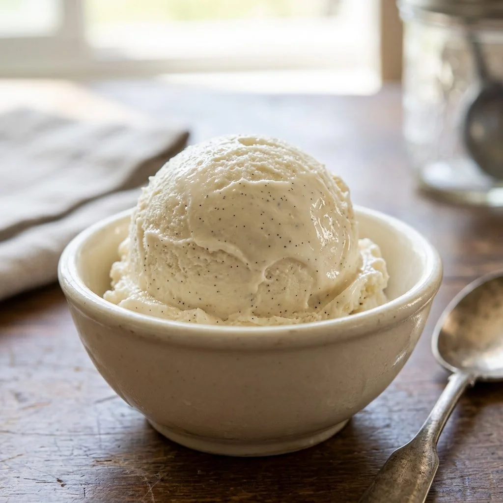 Bowl of homemade vanilla ice cream with a scoop on top