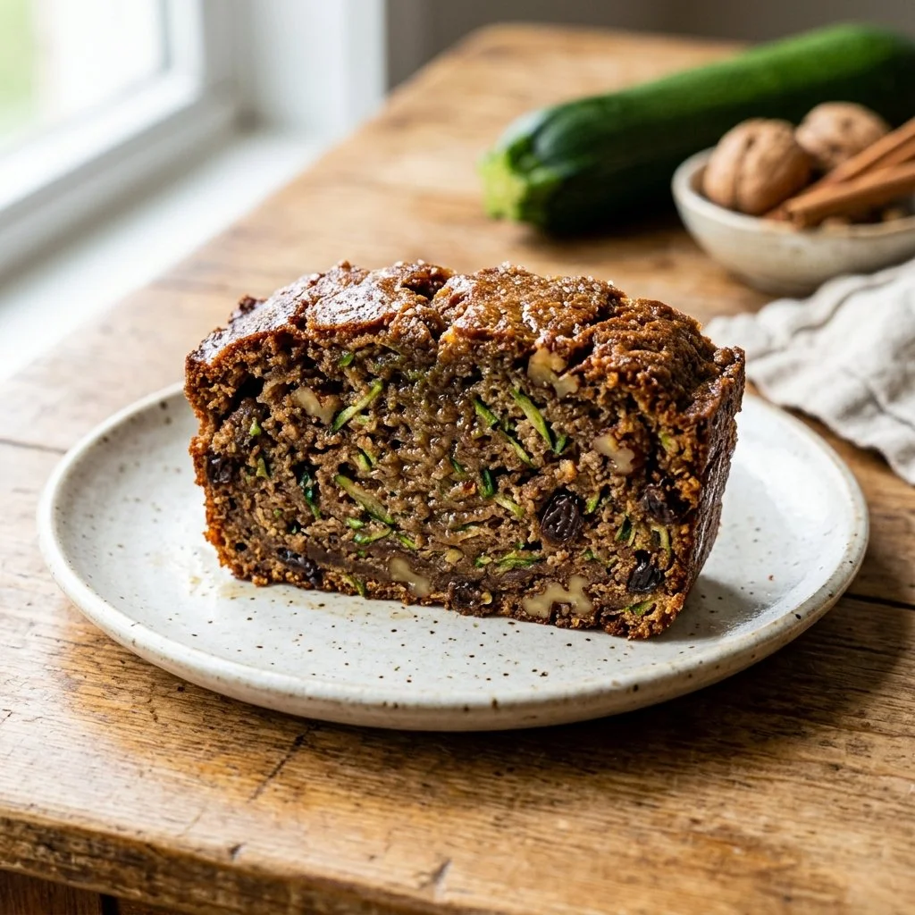 Freshly baked homemade zucchini bread with walnuts and spices.