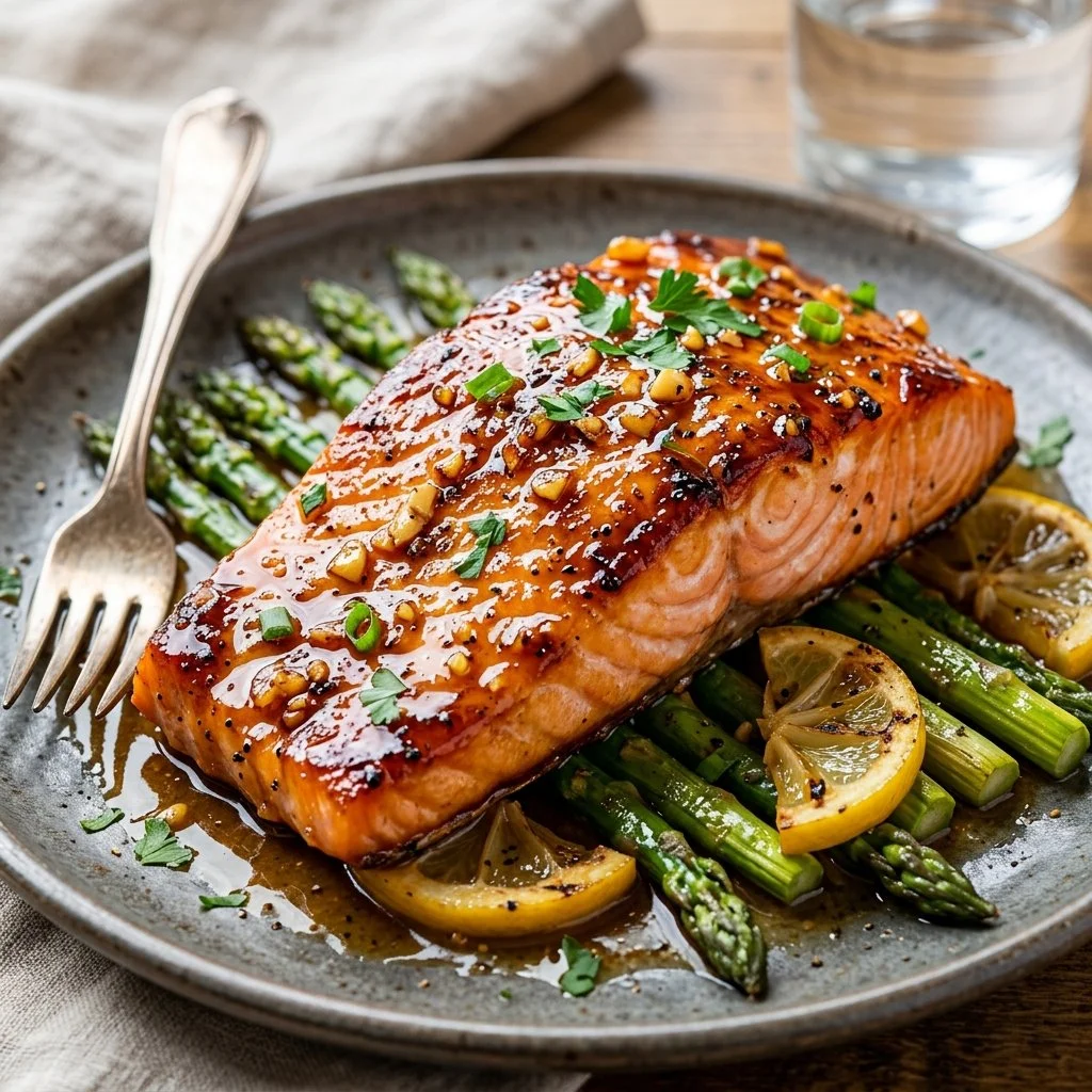 A plate of Honey Garlic Salmon garnished with herbs and served with vegetables.