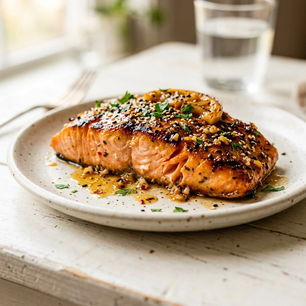 Plate of honey garlic salmon garnished with herbs and lemon slices.