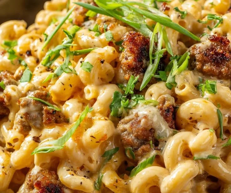 Plate of Honey Garlic Sausage Buffalo Mac with creamy sauce