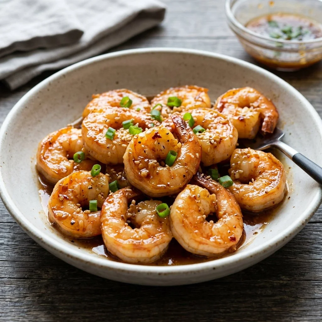 Delicious Honey Garlic Shrimp served in a bowl with garnishes
