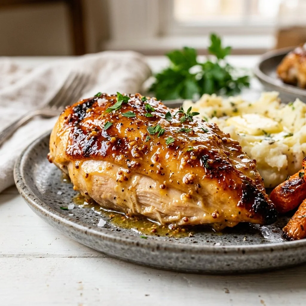 Delicious honey mustard chicken served with vegetables on a plate
