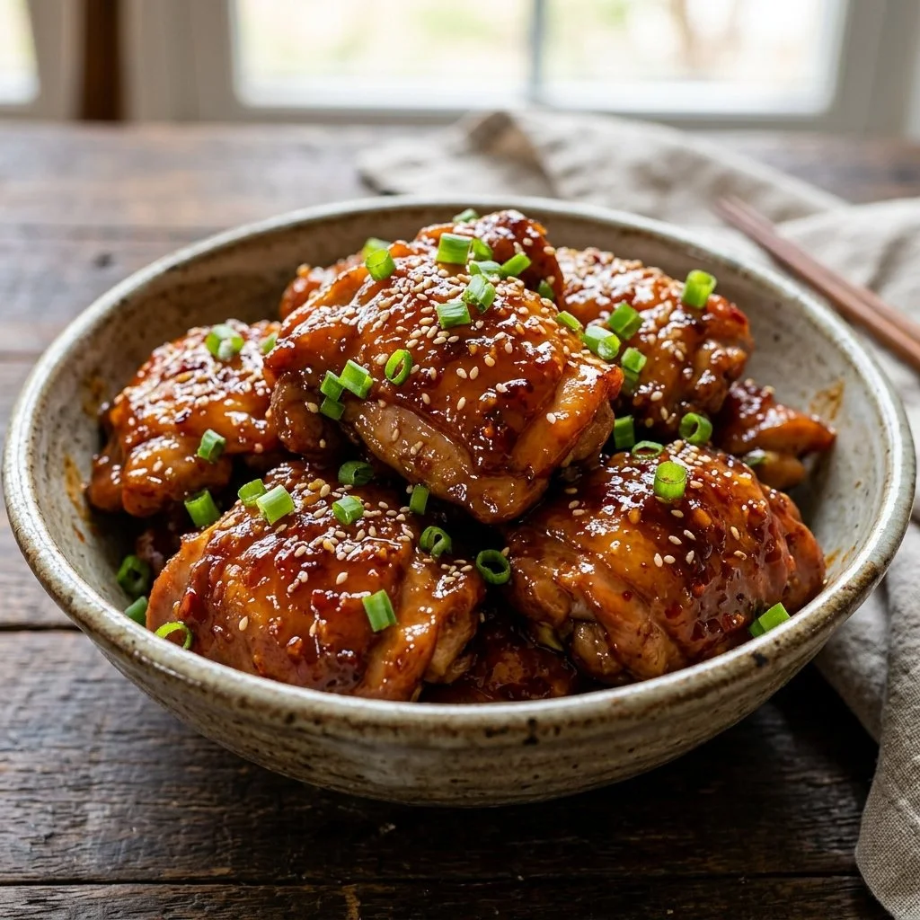 Delicious Honey Sriracha Chicken served on a plate garnished with fresh herbs.
