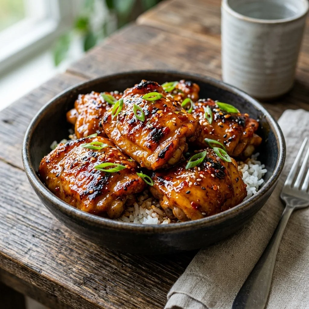 Delicious Honey Sriracha Chicken served on a plate with garnish.