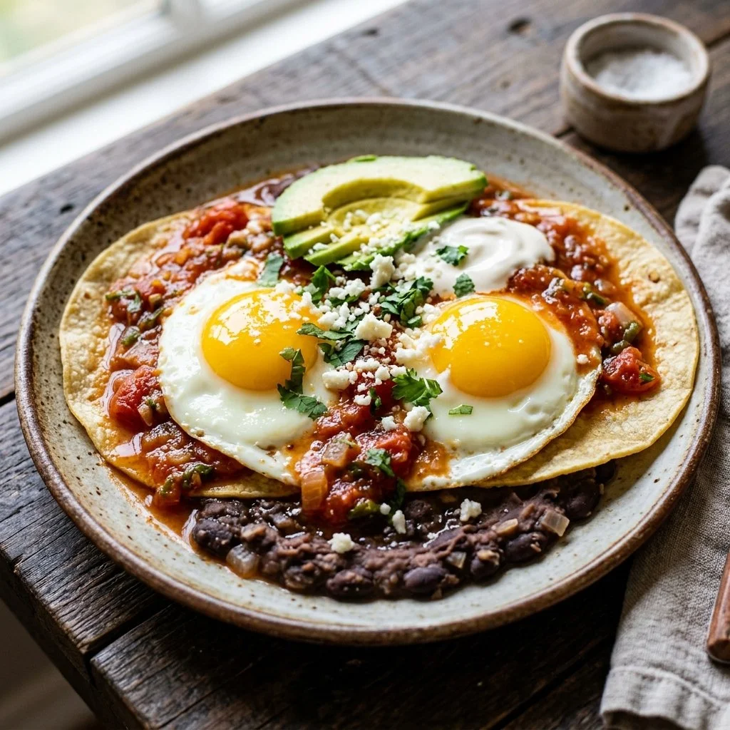 Plate of Huevos Rancheros topped with fresh salsa and avocado