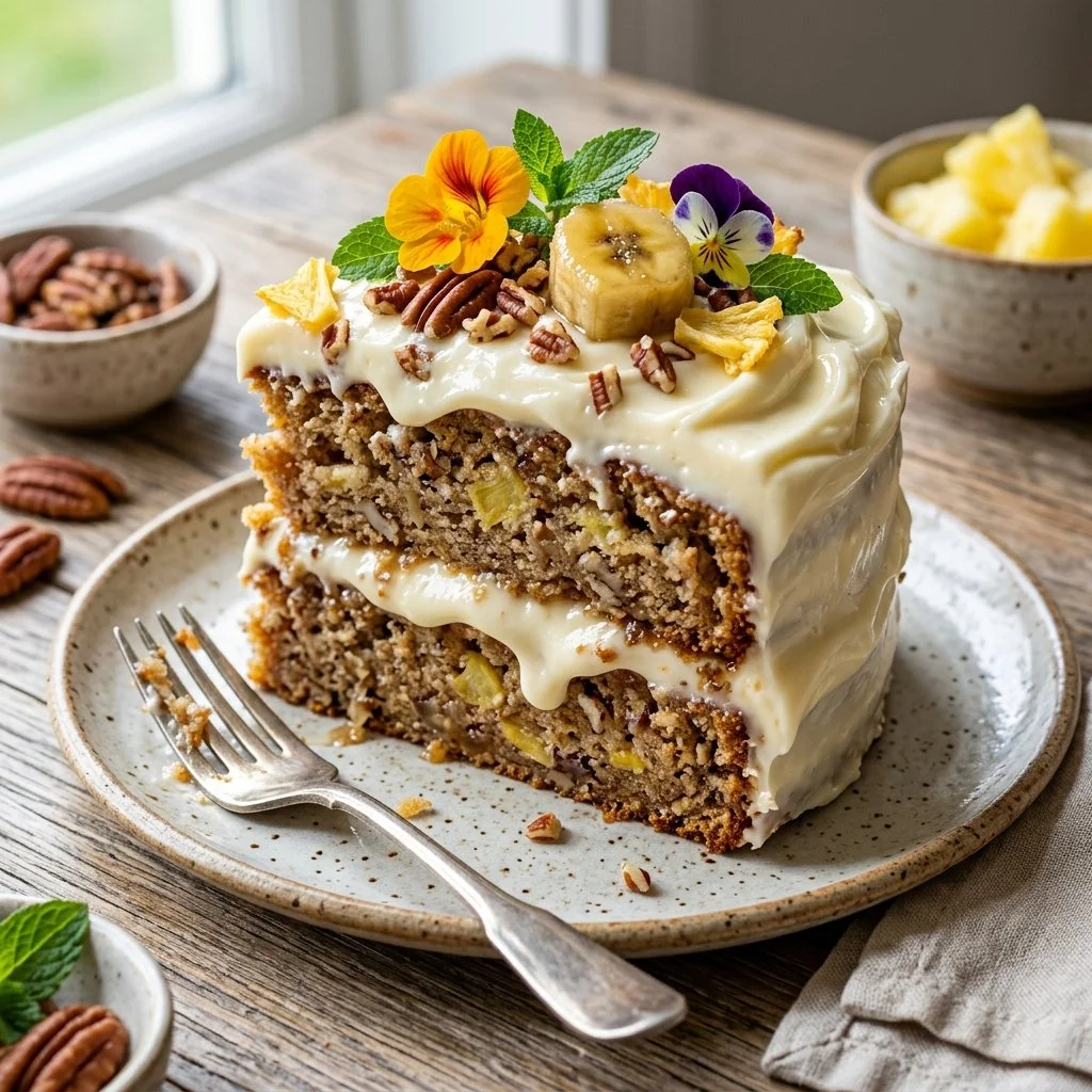 Slice of homemade Hummingbird Cake topped with cream cheese frosting and nuts.