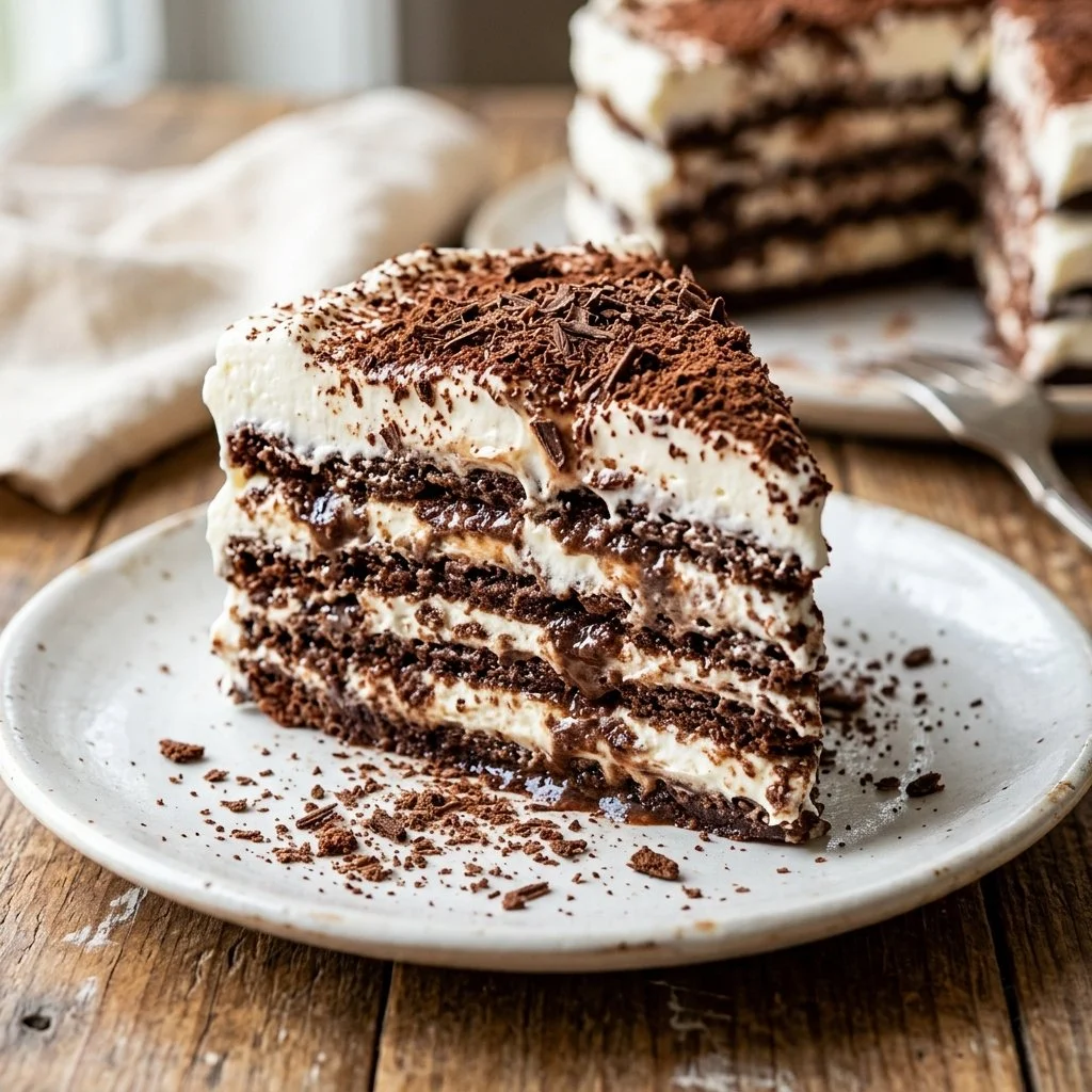 Delicious homemade Icebox Cake with layers of cream and cookies.