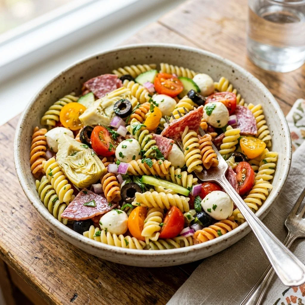 Delicious Italian Pasta Salad with fresh vegetables and dressing
