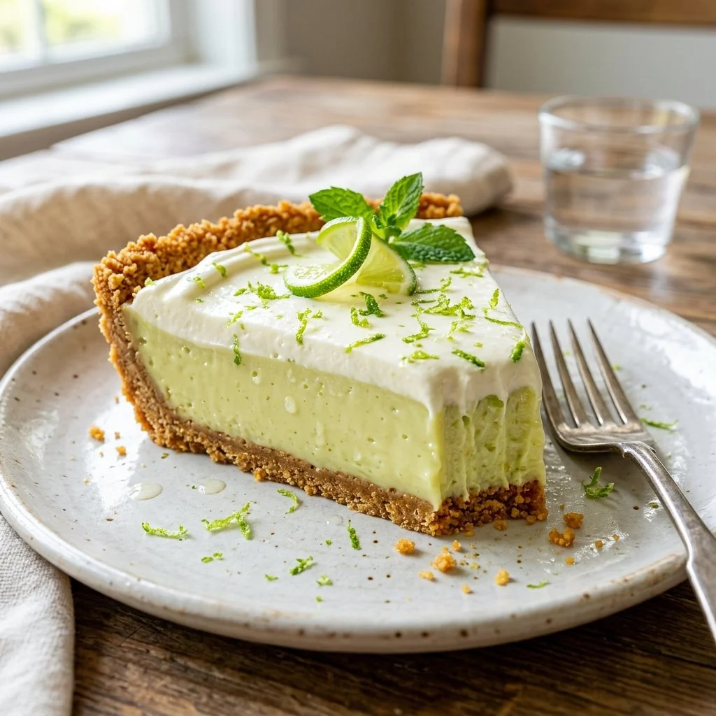 Delicious slice of Key Lime Pie with whipped cream and lime garnish