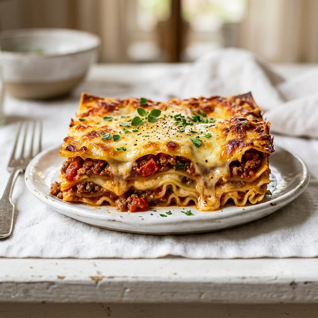Homemade lasagna with layers of cheese, pasta, and rich meat sauce