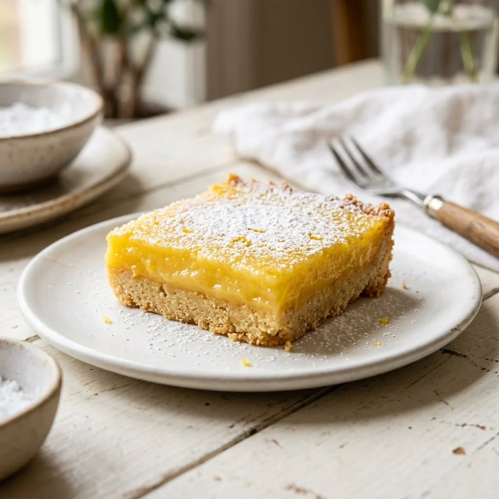Freshly baked lemon bars on a white plate with a sprinkle of powdered sugar