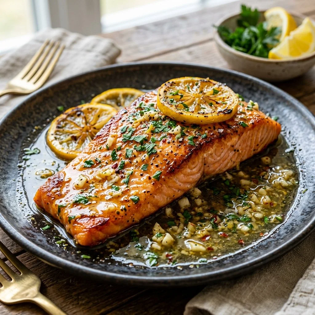 Lemon Garlic Butter Salmon fillet garnished with herbs and lemon slices