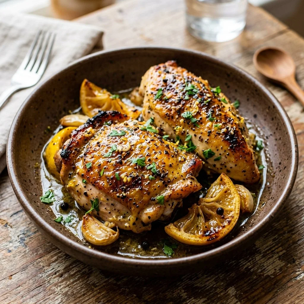 Delicious Lemon Pepper Chicken served on a plate with herbs and lemon slices.