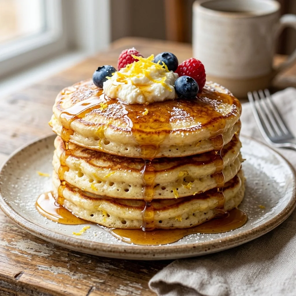 Fluffy lemon ricotta pancakes drizzled with syrup and garnished with lemon zest
