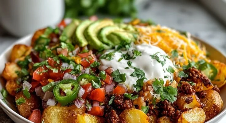 Delicious Loaded Potato Taco Bowl with toppings and creamy sauces