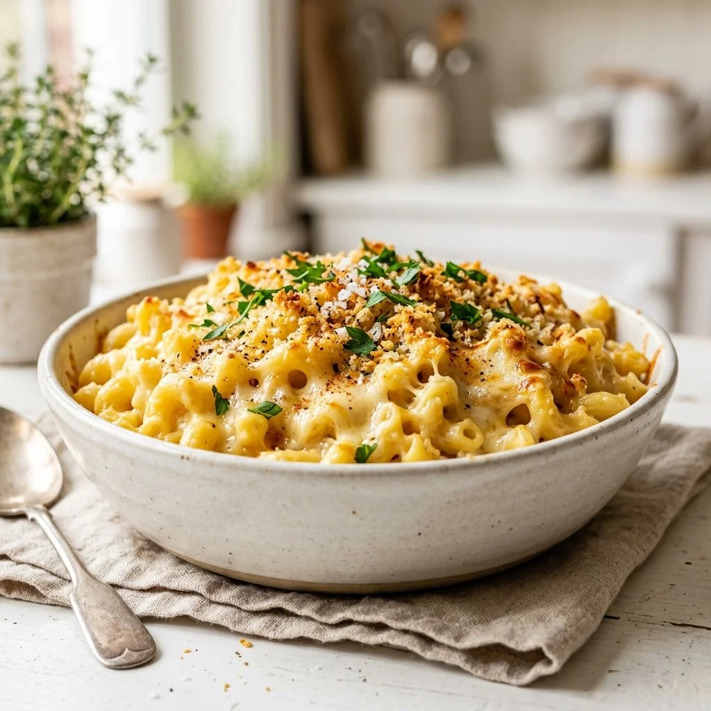 Creamy homemade Mac and Cheese served in a white bowl