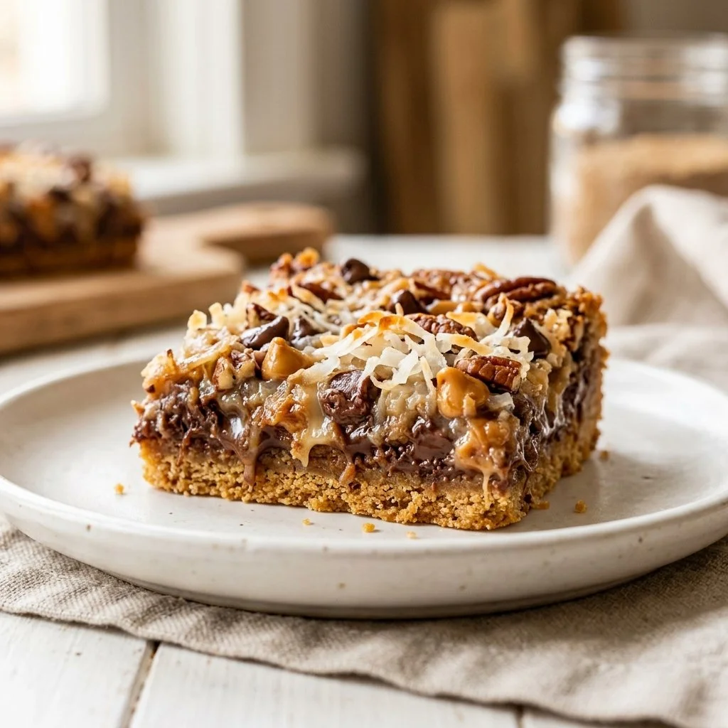 Delicious magic cookie bars with chocolate, coconut, and nut layers.