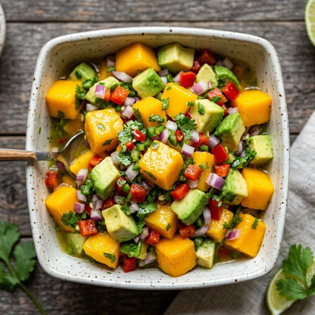 Fresh Mango Avocado Salsa served in a bowl with tortilla chips