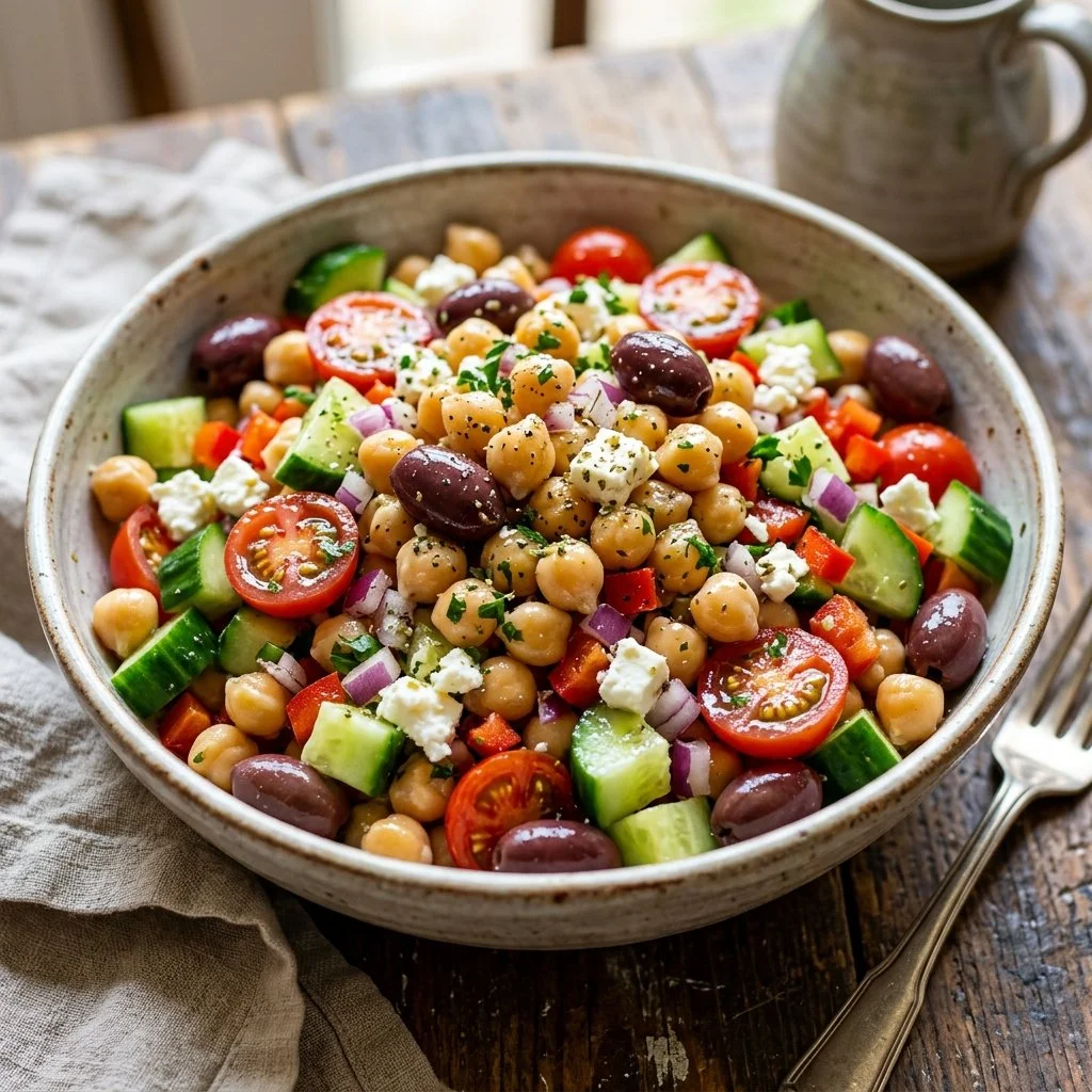 Mediterranean Chickpea Salad topped with fresh vegetables and herbs