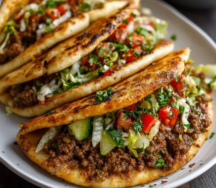 Mediterranean ground beef stuffed in pita pockets served with fresh vegetables