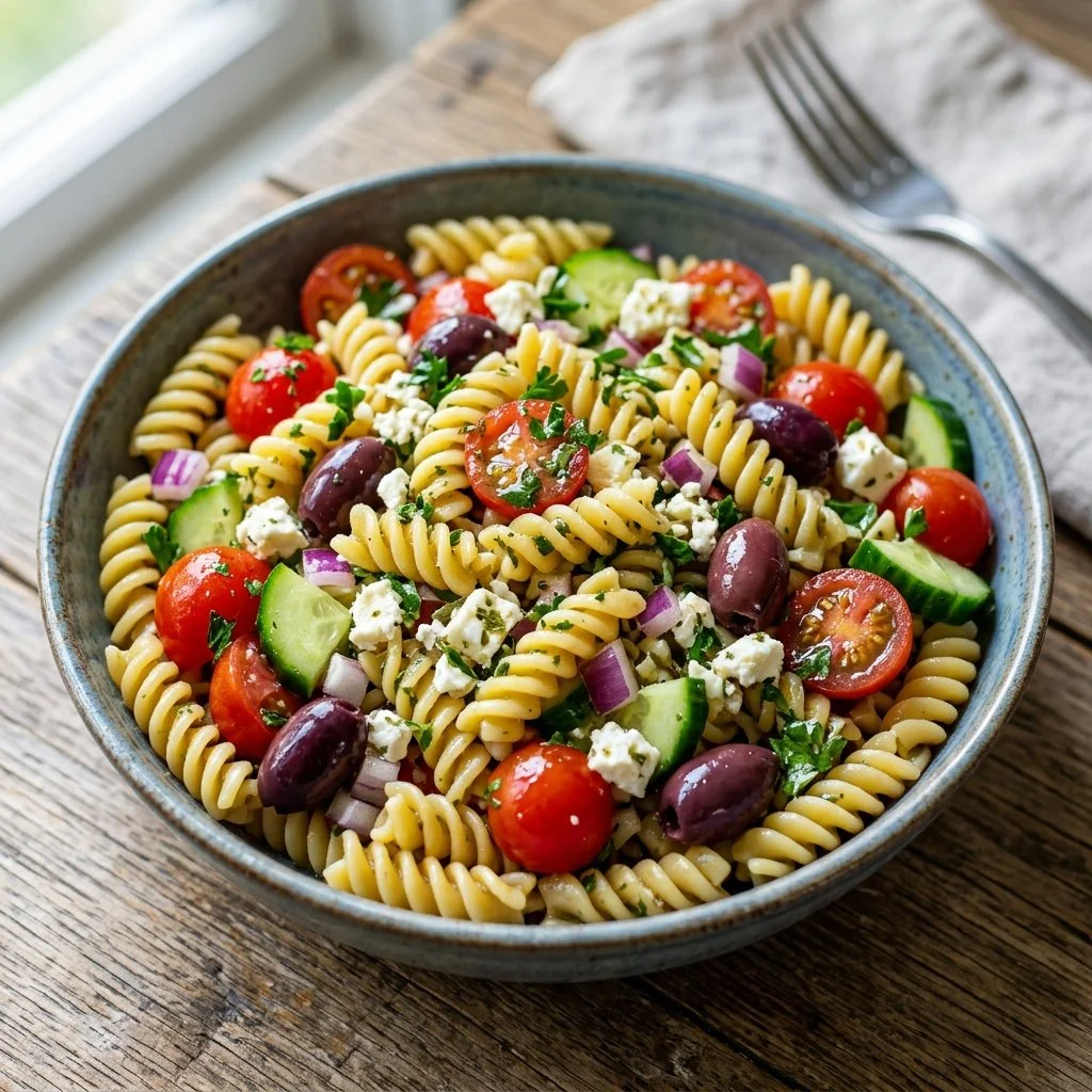 Colorful Mediterranean Pasta Salad with olives, tomatoes, and feta cheese