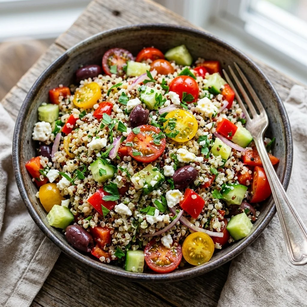 Colorful Mediterranean Quinoa Salad with fresh vegetables and herbs