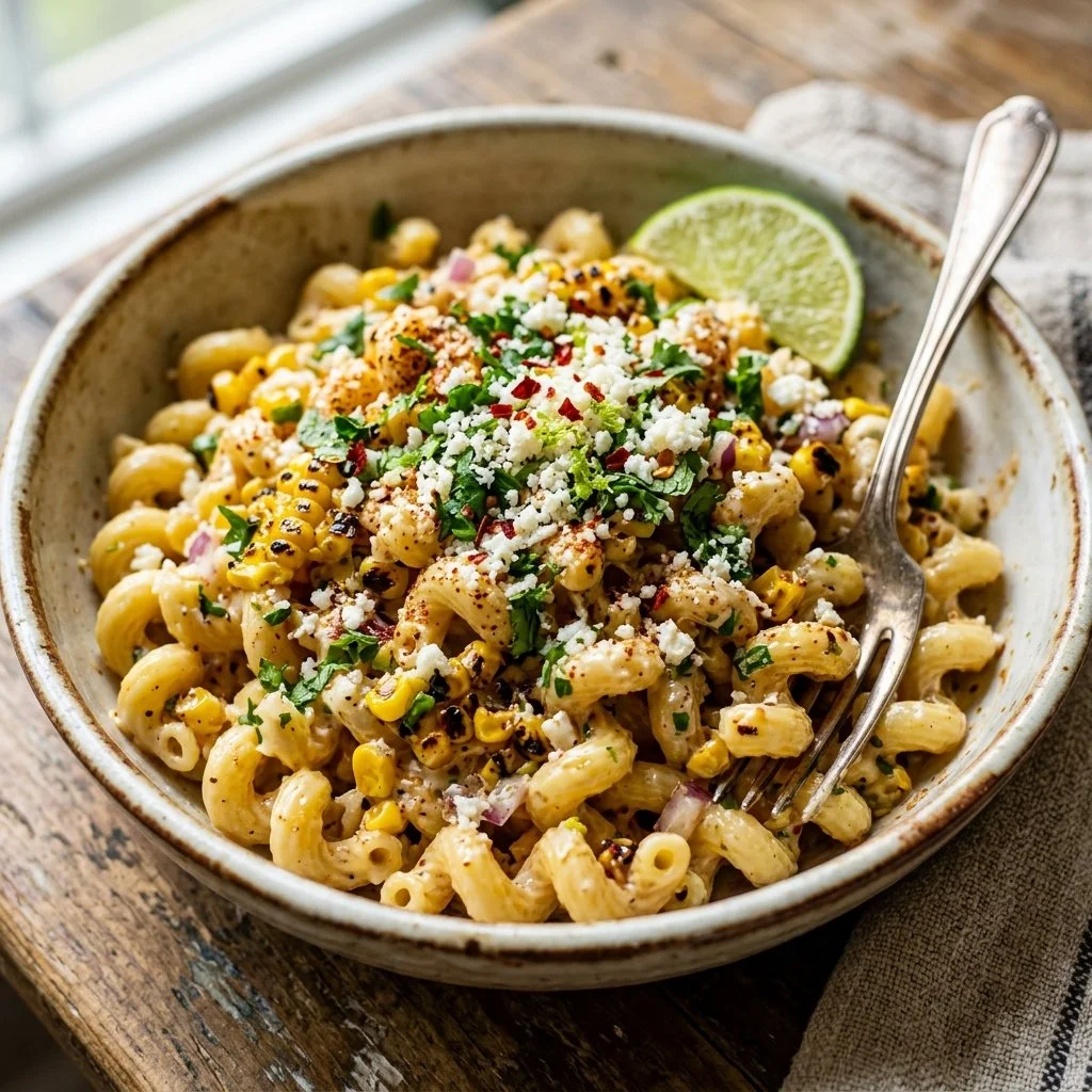Delicious Mexican street corn pasta dish garnished with fresh cilantro and lime.